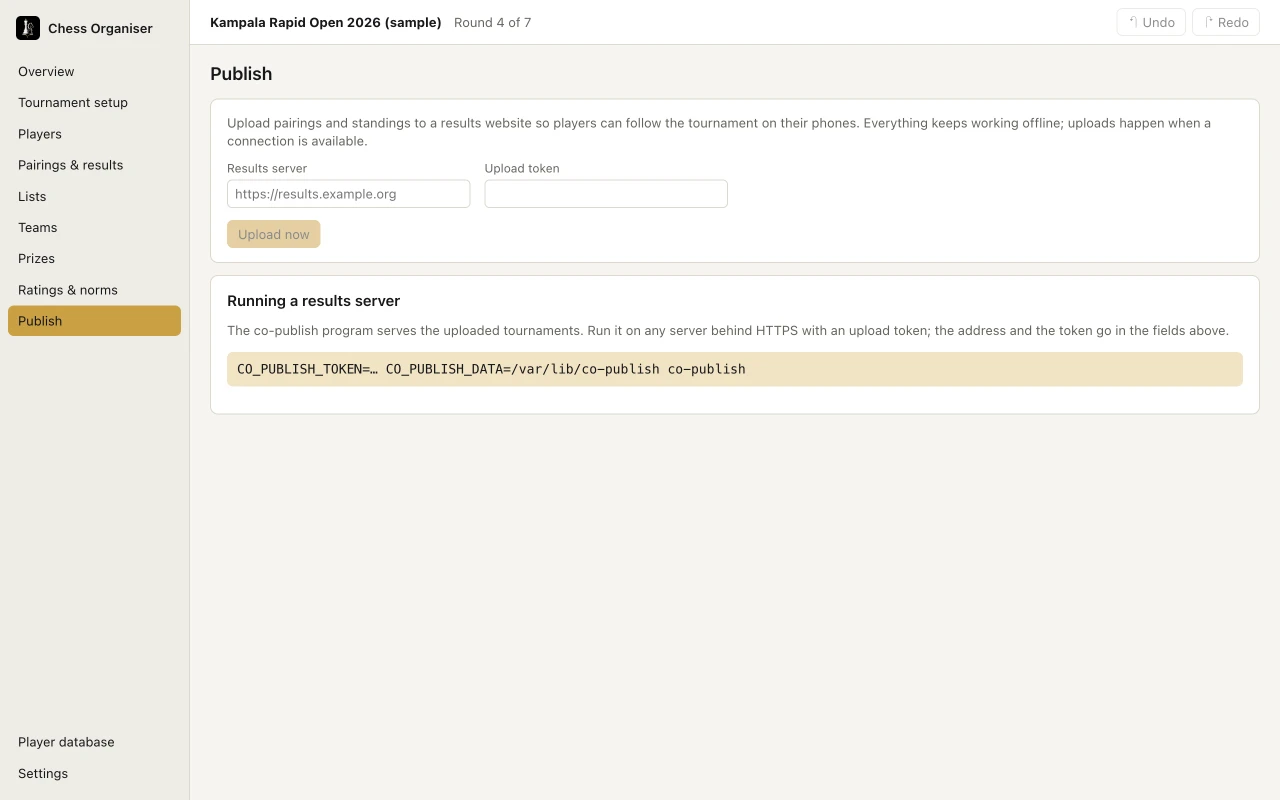 The Publish screen with the results server address, upload token and instructions for running a results server.