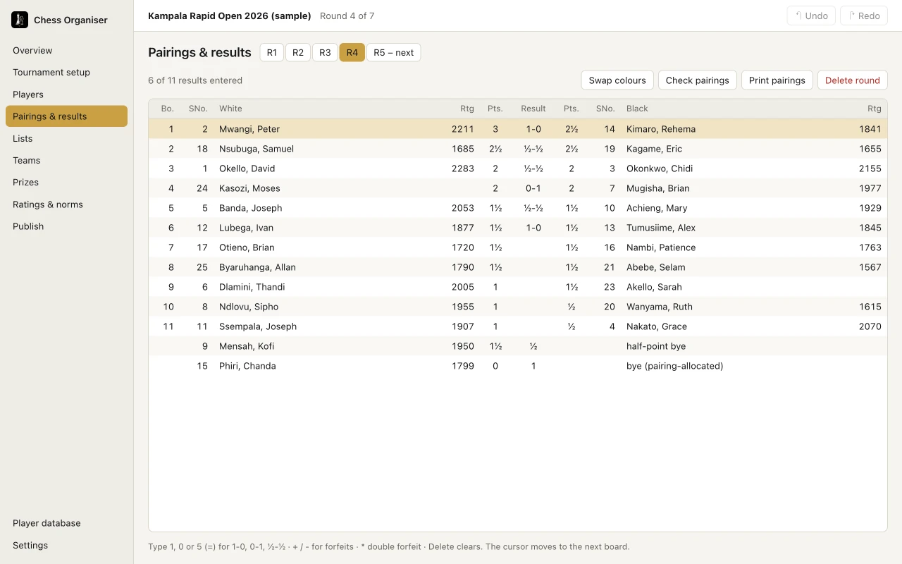 The Pairings and results screen for round 4 of a 25-player rapid open: eleven boards with ratings, scores and results, a half-point bye and a pairing-allocated bye.