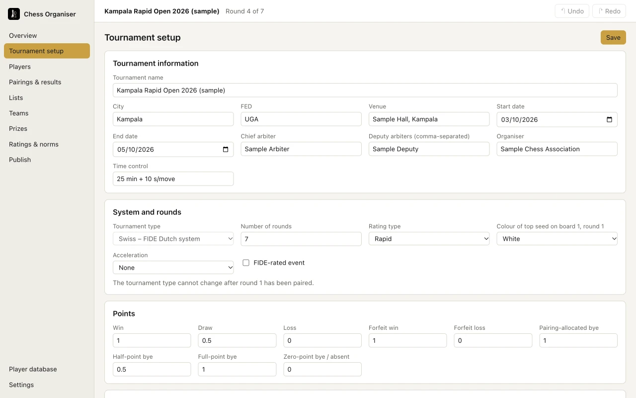 Tournament setup with event information, system and rounds, and the points for wins, draws, forfeits and byes.